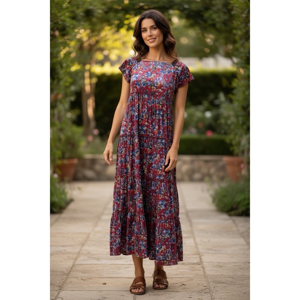 Natural Life Size XL Berkley Maxi Dress Floral Velvet Tiered Bohemian Stretch